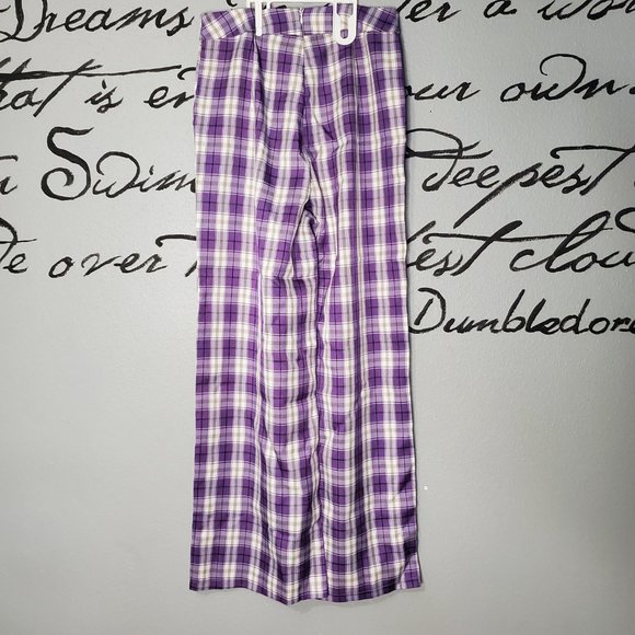 Purple Tartan Cropped High Waist Wide Leg Pants Trousers, 2 - Picture 5 of 8